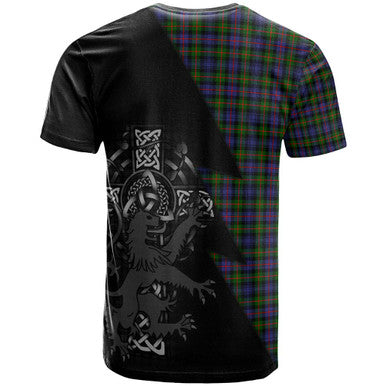 Scottish Fleming Clan Crest Tartan T-Shirt - Lion Rampant Celtic Cross Flash Style Back Side Tartan Plaid