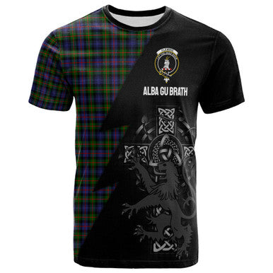 Scottish Fleming Clan Crest Tartan T-Shirt - Lion Rampant Celtic Cross Flash Style Front Side Tartan Plaid
