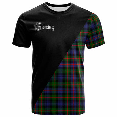 Scottish Fleming Clan Crest Tartan T-Shirt - Military Logo Front Side Tartan Plaid