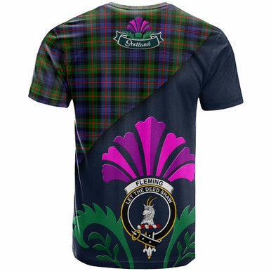 Scottish Fleming Clan Crest Tartan T-Shirt - Scotland Thistle Style Back Side Tartan Plaid