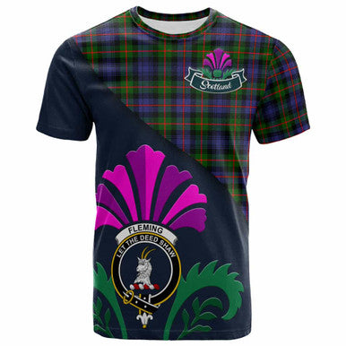 Scottish Fleming Clan Crest Tartan T-Shirt - Scotland Thistle Style Front Side Tartan Plaid