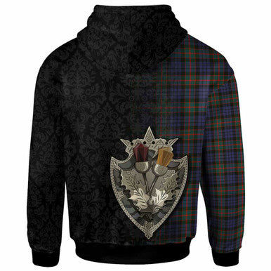 Scottish Fletcher Clan Crest Tartan Hoodie - Half Thistle Flowers Celtic Design Back Side Tartan Plaid