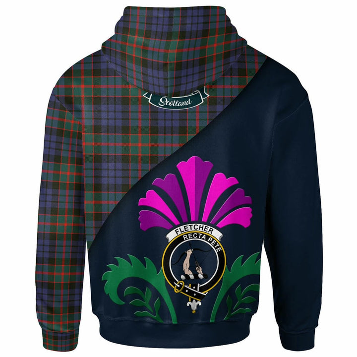 Scottish Fletcher Clan Crest Tartan Hoodie - Scotland Thistle Style Back Side Tartan Plaid