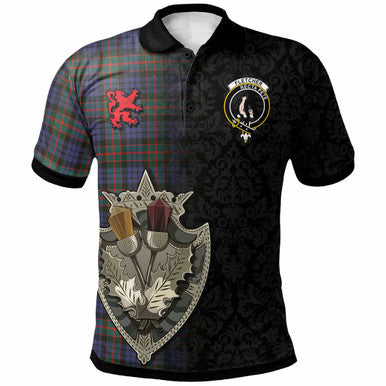 Scottish Fletcher Clan Crest Tartan Polo Shirt - Half Thistle Flowers Celtic Design Front Side Tartan Plaid
