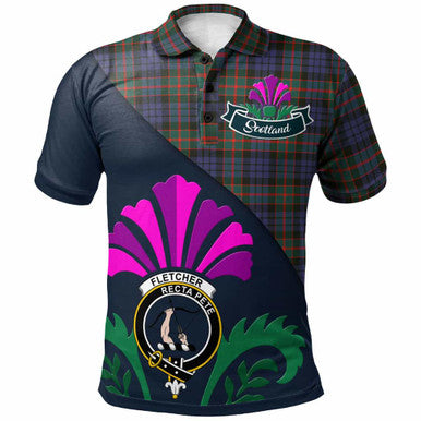 Scottish Fletcher Clan Crest Tartan Polo Shirt - Scotland Thistle Style Front Side Tartan Plaid