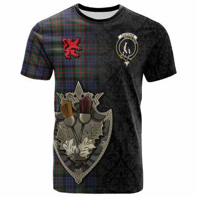 Scottish Fletcher Clan Crest Tartan T-Shirt - Half Thistle Flowers Celtic Design Front Side Tartan Plaid