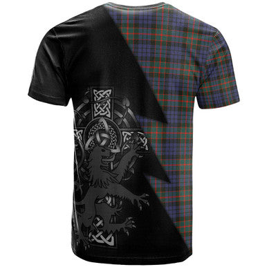 Scottish Fletcher Clan Crest Tartan T-Shirt - Lion Rampant Celtic Cross Flash Style Back Side Tartan Plaid
