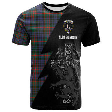 Scottish Fletcher Clan Crest Tartan T-Shirt - Lion Rampant Celtic Cross Flash Style Front Side Tartan Plaid