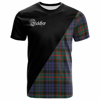 Scottish Fletcher Clan Crest Tartan T-Shirt - Military Logo Front Side Tartan Plaid