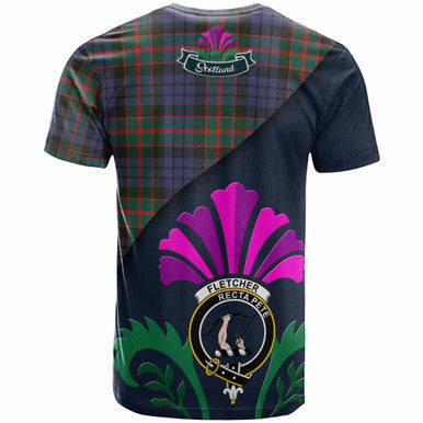 Scottish Fletcher Clan Crest Tartan T-Shirt - Scotland Thistle Style Back Side Tartan Plaid