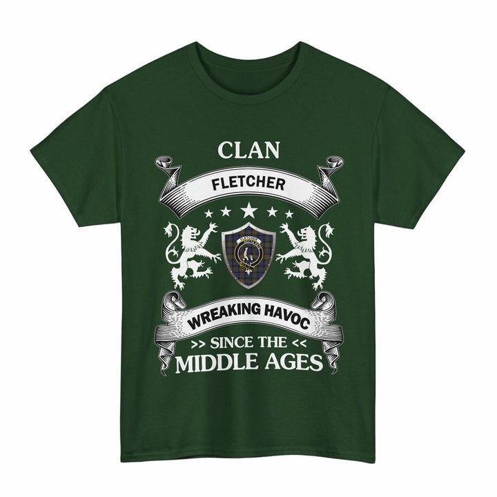 Scottish Fletcher Clan Crest Tartan T-Shirt Wreaking Havoc Design Tartan Plaid Forest Green Color