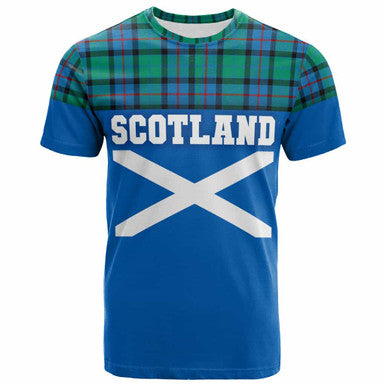 Scottish Flower of Scotland Clan Tartan T-Shirt - Lion Rampant of Scotland With Flag Front Side Tartan Plaid
