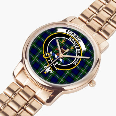 Scottish Forbes Clan Crest Tartan Folding Clasp Steel Quartz Watches Tartan Plaid Rose Gold 2
