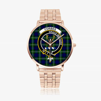 Scottish Forbes Clan Crest Tartan Instafamous Steel Quartz Watches Tartan Plaid Rose Gold 1