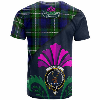 Scottish Forbes Clan Crest Tartan T-Shirt - Scotland Thistle Style Back Side Tartan Plaid