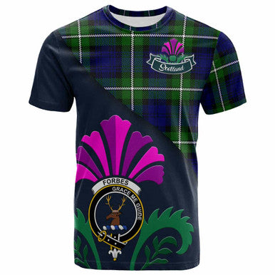 Scottish Forbes Clan Crest Tartan T-Shirt - Scotland Thistle Style Front Side Tartan Plaid