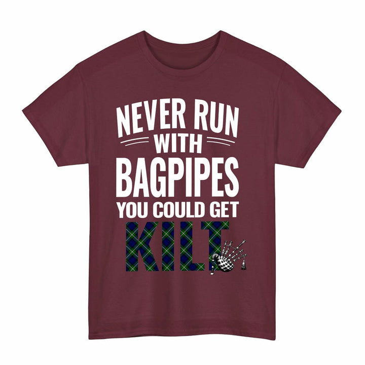 Scottish Forbes Modern Clan Tartan Never Run With Bagpipes T-Shirt Tartan Plaid Maroon Color