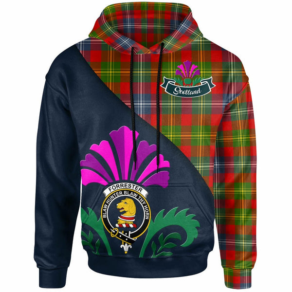 Scottish Forrester Clan Crest Tartan Hoodie - Scotland Thistle Style Front Side Tartan Plaid