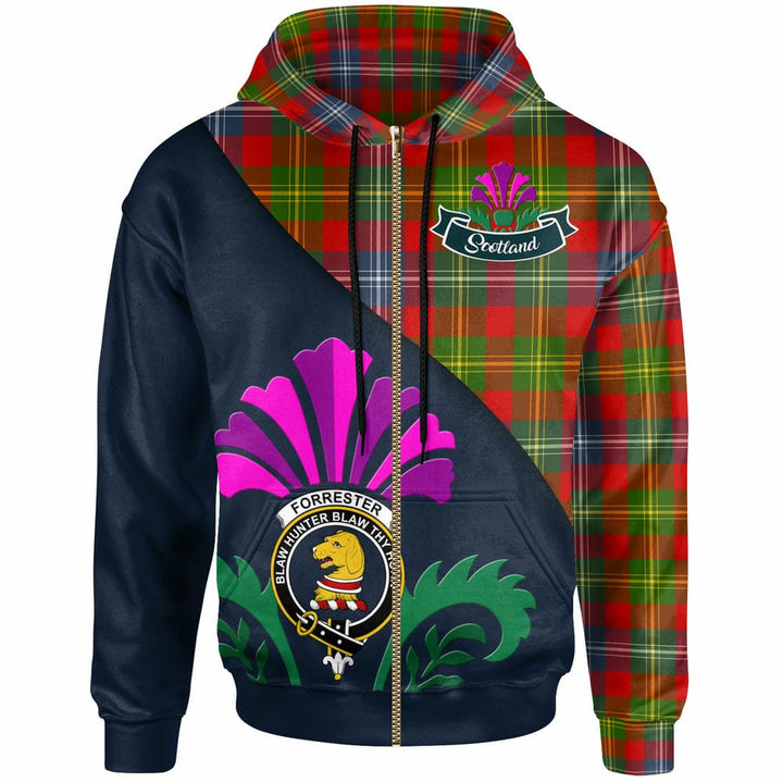 Scottish Forrester Clan Crest Tartan Hoodie - Scotland Thistle Style Zip-up Tartan Plaid