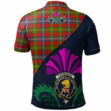 Scottish Forrester Clan Crest Tartan Polo Shirt - Scotland Thistle Style Back Side Tartan Plaid