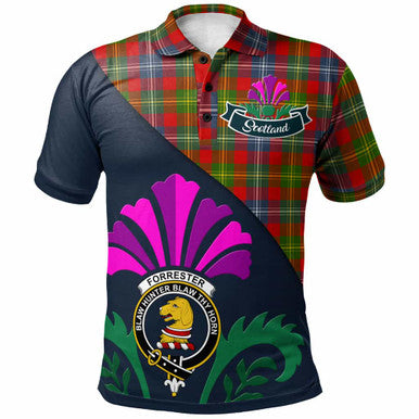 Scottish Forrester Clan Crest Tartan Polo Shirt - Scotland Thistle Style Front Side Tartan Plaid