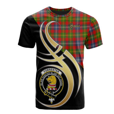 Scottish Forrester Clan Crest Tartan T-Shirt Believe in Me Front Side Tartan Plaid