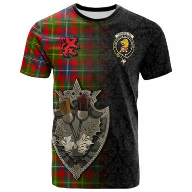 Scottish Forrester Clan Crest Tartan T-Shirt - Half Thistle Flowers Celtic Design Front Side Tartan Plaid