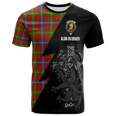 Scottish Forrester Clan Crest Tartan T-Shirt - Lion Rampant Celtic Cross Flash Style Front Side Tartan Plaid