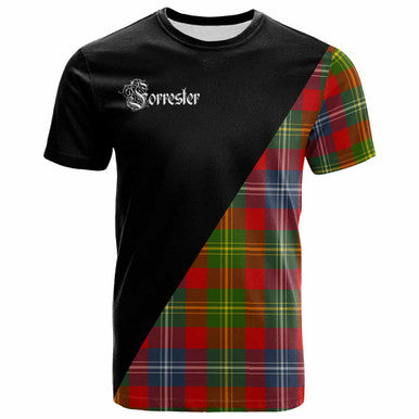 Scottish Forrester Clan Crest Tartan T-Shirt - Military Logo Front Side Tartan Plaid