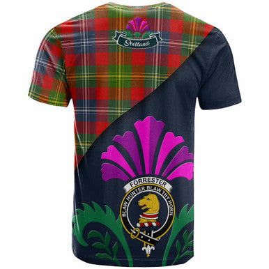 Scottish Forrester Clan Crest Tartan T-Shirt - Scotland Thistle Style Back Side Tartan Plaid