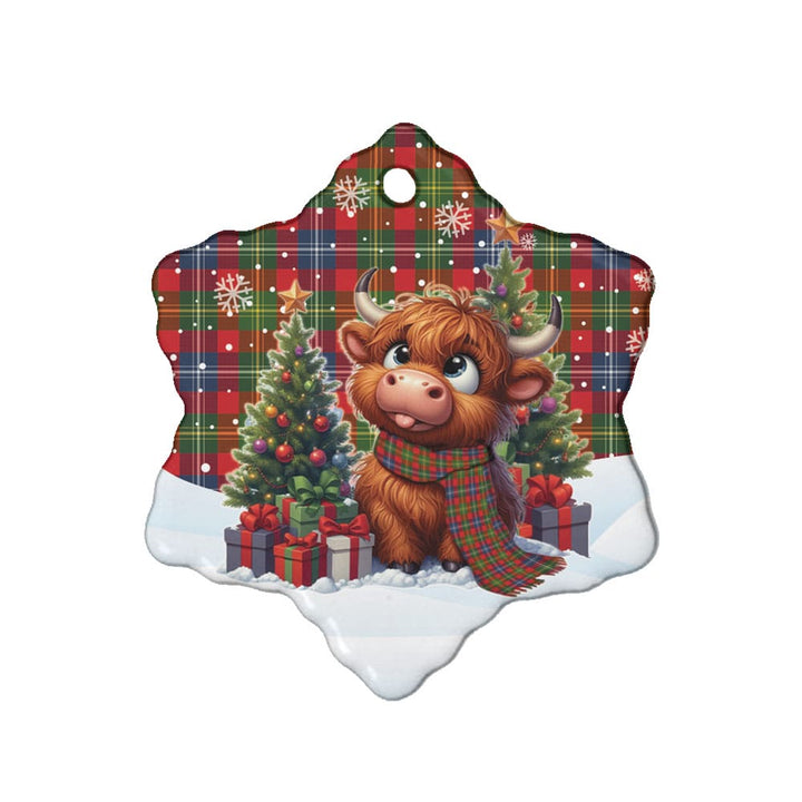 Scottish Forrester Clan Tartan Ceramic Ornament Cute Highland Cow Christmas Snow Flake Style Tartan Plaid