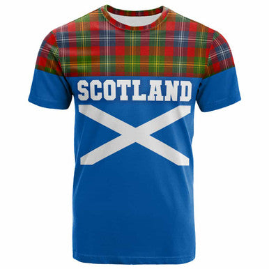 Scottish Forrester Clan Tartan T-Shirt - Lion Rampant of Scotland With Flag Front Side Tartan Plaid