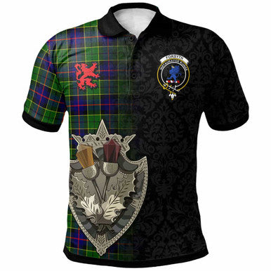 Scottish Forsyth Clan Crest Tartan Polo Shirt - Half Thistle Flowers Celtic Design Front Side Tartan Plaid