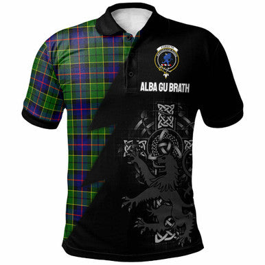 Scottish Forsyth Clan Crest Tartan Polo Shirt - Lion Rampant Celtic Cross Flash Style Front Side Tartan Plaid