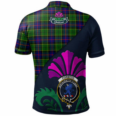 Scottish Forsyth Clan Crest Tartan Polo Shirt - Scotland Thistle Style Back Side Tartan Plaid