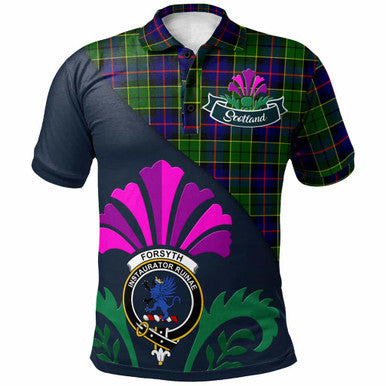 Scottish Forsyth Clan Crest Tartan Polo Shirt - Scotland Thistle Style Front Side Tartan Plaid