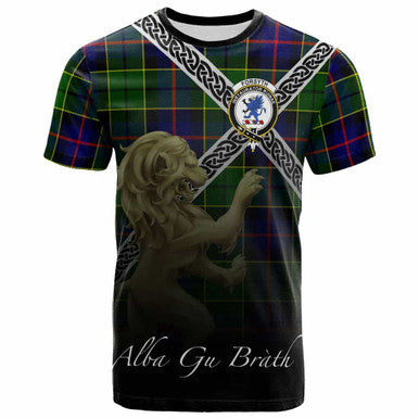 Scottish Forsyth Clan Crest Tartan T-Shirt - Celtic With Scotland Lion Front Side Tartan Plaid