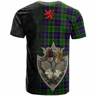 Scottish Forsyth Clan Crest Tartan T-Shirt - Half Thistle Flowers Celtic Design Back Side Tartan Plaid
