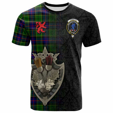 Scottish Forsyth Clan Crest Tartan T-Shirt - Half Thistle Flowers Celtic Design Front Side Tartan Plaid