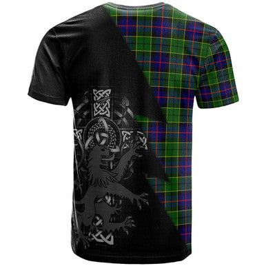 Scottish Forsyth Clan Crest Tartan T-Shirt - Lion Rampant Celtic Cross Flash Style Back Side Tartan Plaid