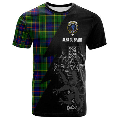 Scottish Forsyth Clan Crest Tartan T-Shirt - Lion Rampant Celtic Cross Flash Style Front Side Tartan Plaid