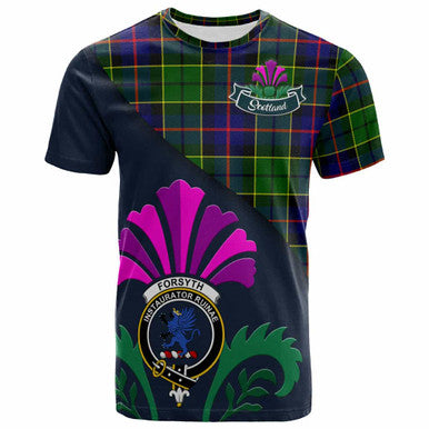 Scottish Forsyth Clan Crest Tartan T-Shirt - Scotland Thistle Style Front Side Tartan Plaid