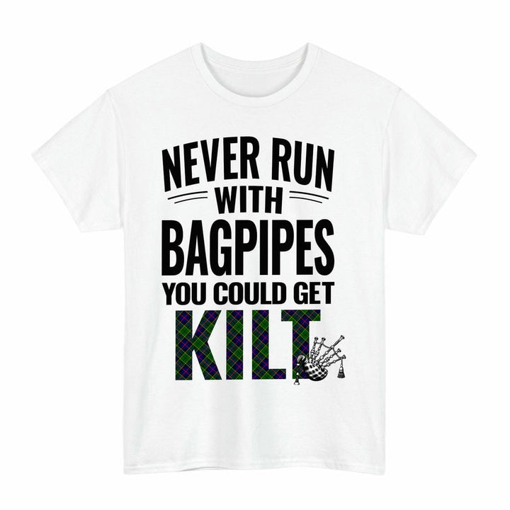 Scottish Forsyth Modern Clan Tartan Never Run With Bagpipes T-Shirt Tartan Plaid White Color