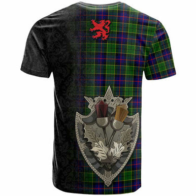 Scottish Forsyth Modern Clan Tartan T-Shirt - Half Thistle Flowers Celtic Design Back Side Tartan Plaid