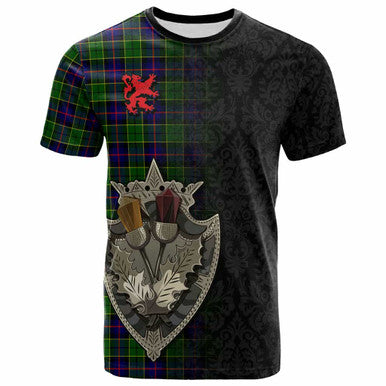 Scottish Forsyth Modern Clan Tartan T-Shirt - Half Thistle Flowers Celtic Design Front Side Tartan Plaid