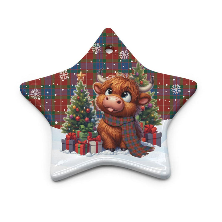 Scottish Fraser Ancient Clan Tartan Ceramic Ornament Cute Highland Cow Christmas Star Style Tartan Plaid