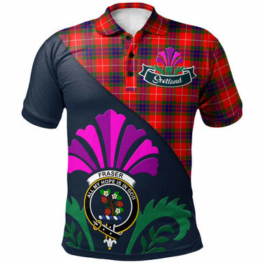 Scottish Fraser (of Lovat) Clan Crest Tartan Polo Shirt - Scotland Thistle Style Front Side Tartan Plaid