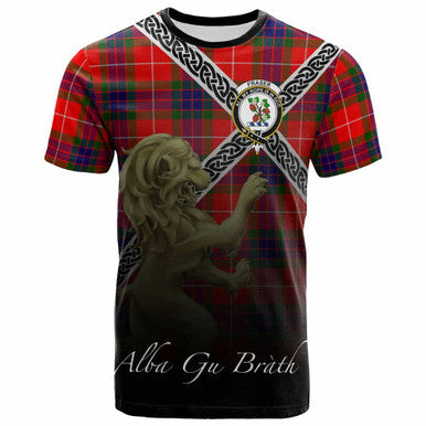 Scottish Fraser (of Lovat) Clan Crest Tartan T-Shirt - Celtic With Scotland Lion Front Side Tartan Plaid