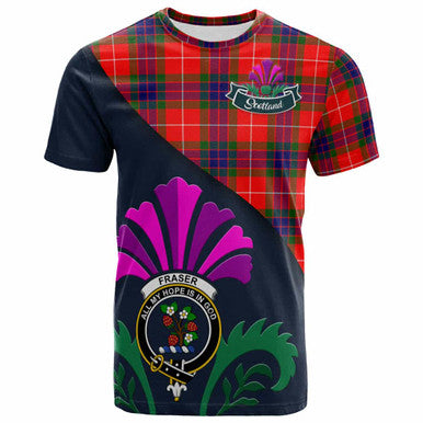 Scottish Fraser (of Lovat) Clan Crest Tartan T-Shirt - Scotland Thistle Style Front Side Tartan Plaid