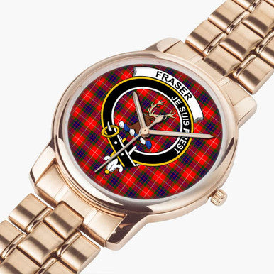 Scottish Fraser Clan Crest Tartan Folding Clasp Steel Quartz Watches Tartan Plaid Rose Gold 2